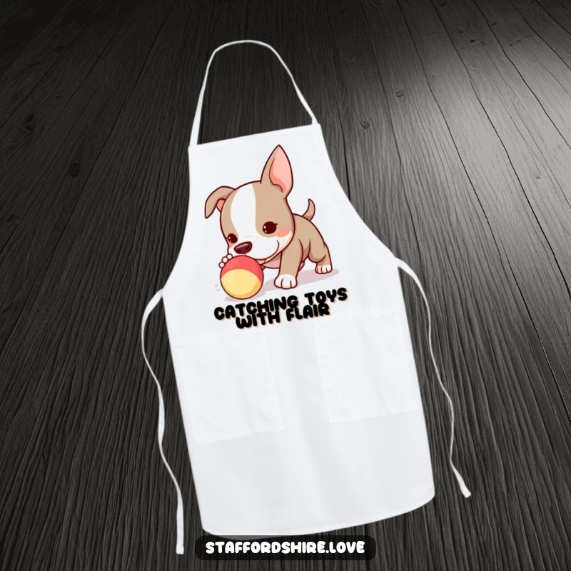 Funny Kawaii Staffordshire Bull Terrier puppy apron, playfully anticipating the squeak of a toy, adding a touch of canine fun.