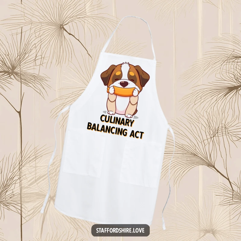 Funny apron with a Saint Bernard balancing a squeaky toy on its snout, adding humor to cooking.