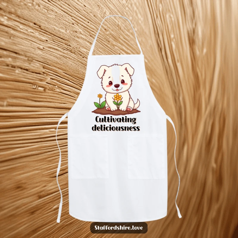 Funny apron showing a soft Staffordshire character gently planting a small, colorful flower. Ideal for a humorous gardener chef.