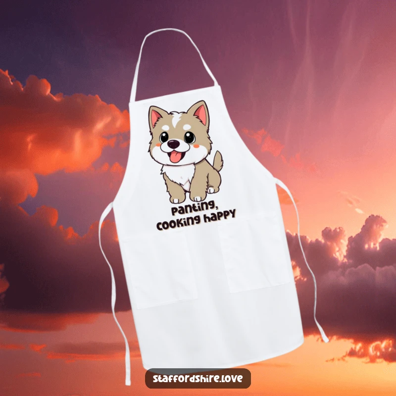 Funny kawaii Staffordshire puppy with a wagging tail, panting happily on an apron, for humorous and joyful cooking.