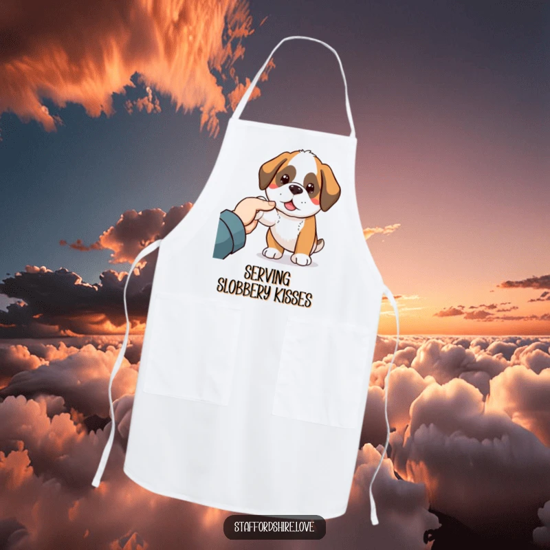 Funny Saint Bernard apron featuring a cute Kawaii dog nudging a hand, ideal for kitchen fun and pet-loving cooks.
