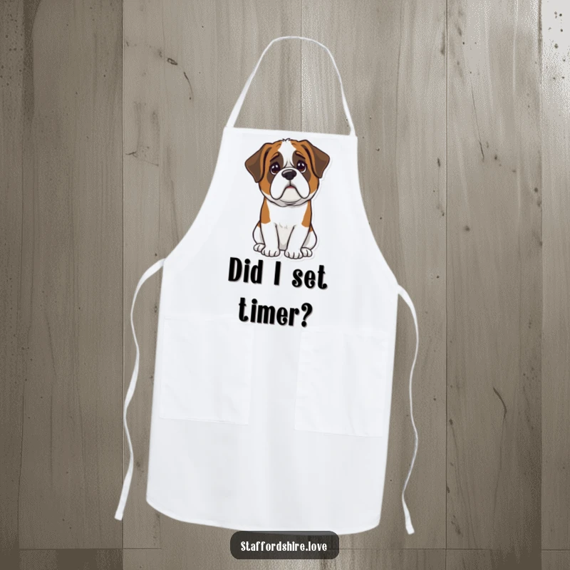 Funny Kawaii Saint Bernard apron featuring a cute dog with a confused expression, ideal for kitchen fun and as a funny gift.