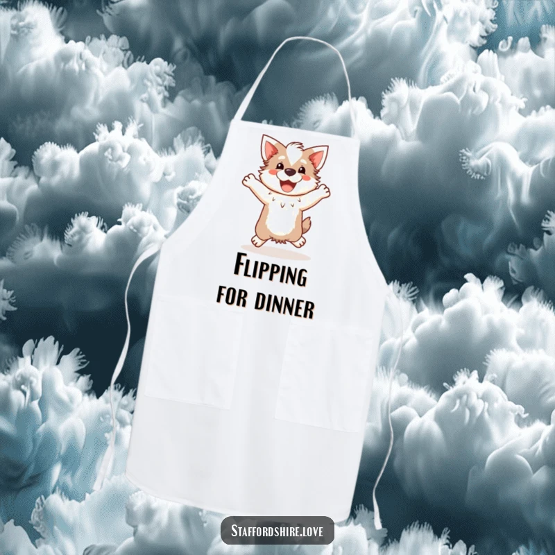 Funny Kawaii Staffordshire Apron, featuring a cute Staffy doing a happy, clumsy jump, adding playful flair to kitchen duties.