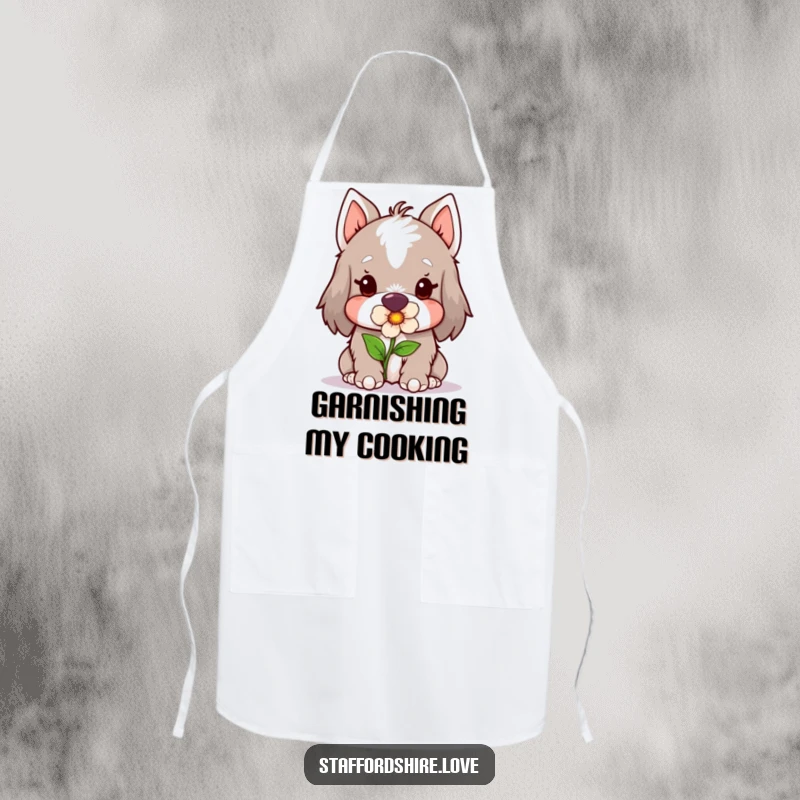 Funny Kawaii Staffordshire Apron, featuring a cute Staffy gently holding a flower in its mouth, adding playful flair to kitchen duties.