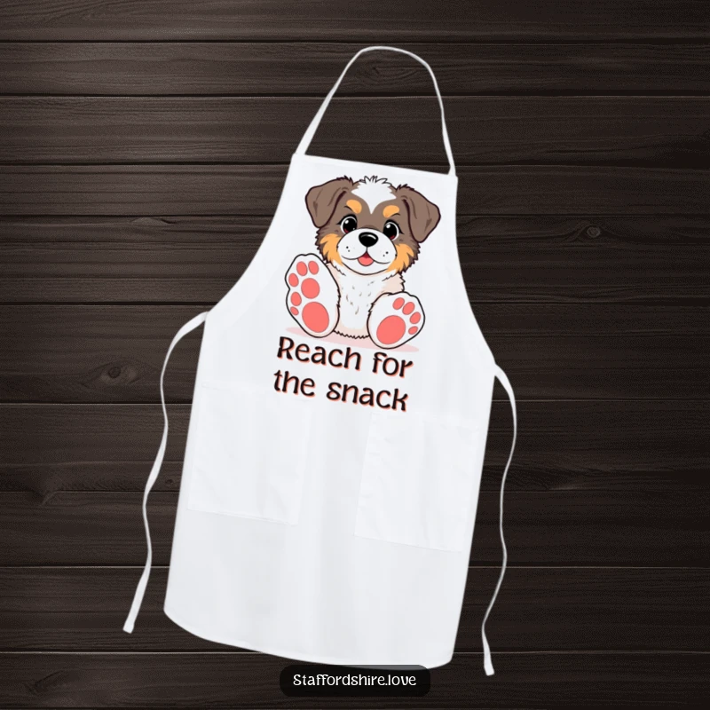 Funny kawaii Staffordshire apron, showing a pup with big paws reaching for a toy, ideal for protecting clothes with a dash of playful humor.