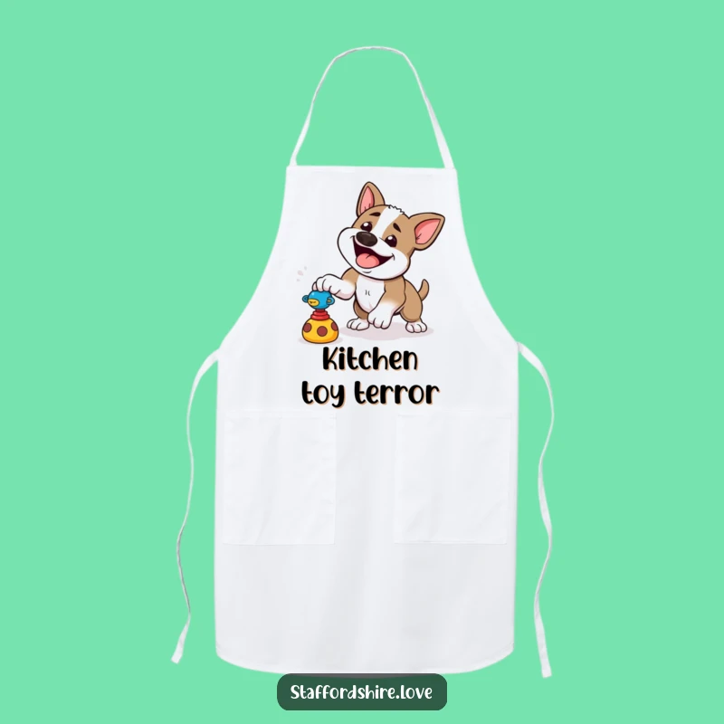 Funny Pounce Staffy Apron: Playful Kitchen Action, Energetic Chef Dog, Funny!