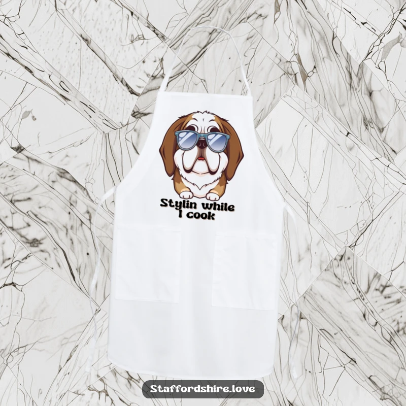 Funny Saint Bernard apron featuring a large dog with a goofy expression wearing tiny sunglasses, ideal for kitchen use and humor.