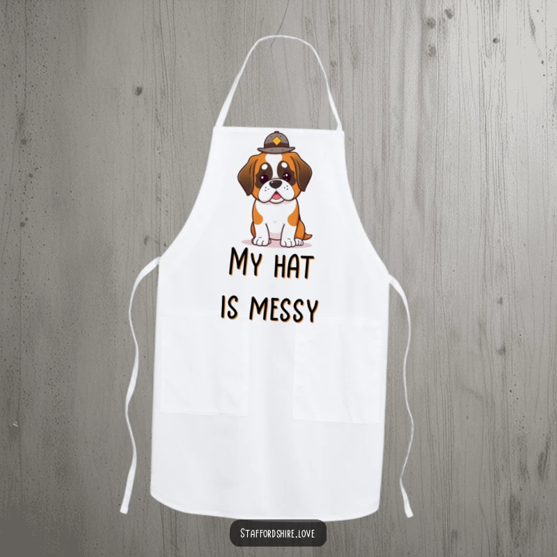 Funny Saint Bernard Apron: Cute apron with a kawaii Saint Bernard dog hilariously balancing a small hat.