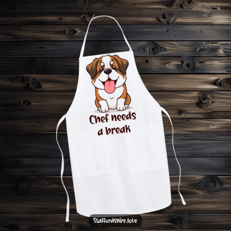 Funny Saint Bernard apron showing a relaxed dog sighing happily with its tongue out, ideal for humorous kitchen activities.