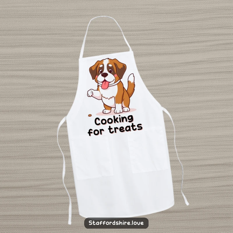 Funny Saint Bernard apron illustration of a dog with a wagging tail jumping for a treat, great for cooking.