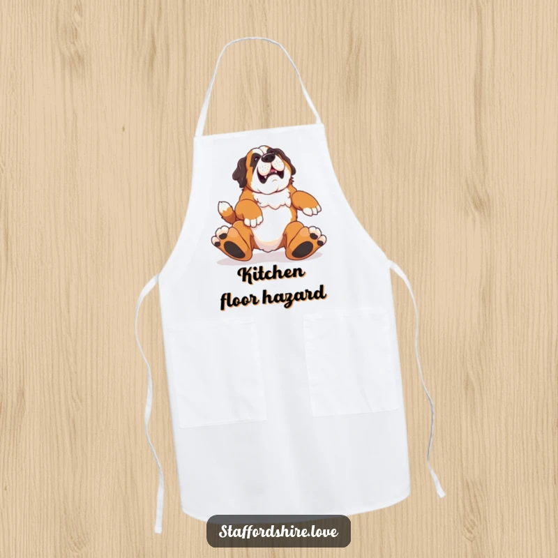 Funny apron with a Saint Bernard tripping over its feet, adding humor to cooking and kitchen activities.
