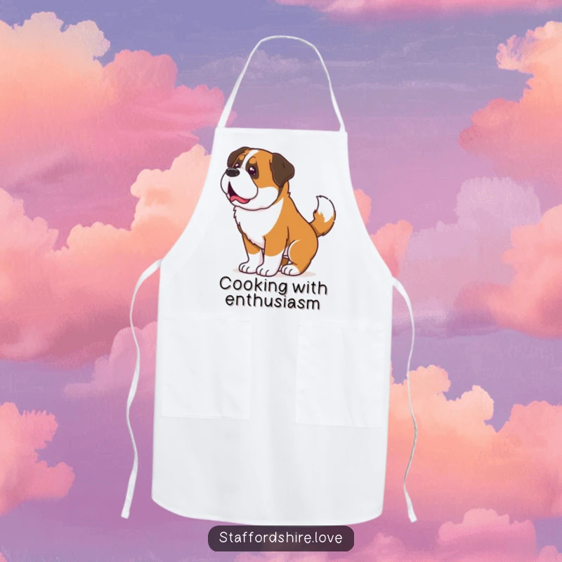 Funny apron with a Saint Bernard wiggling its entire body from a happy tail wag, adding joy to cooking.