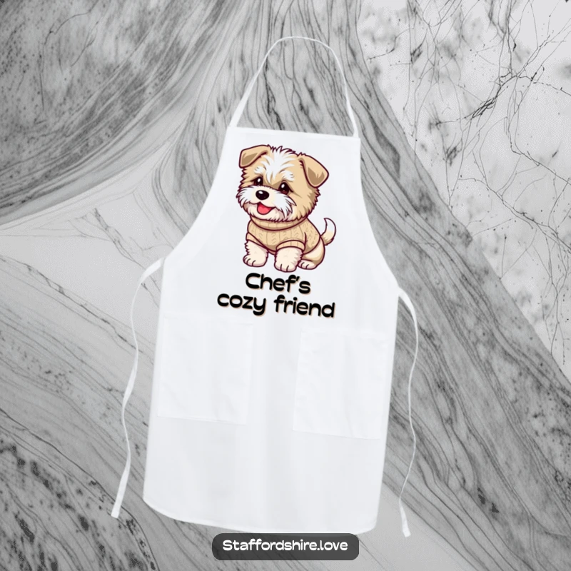Funny apron showing a fluffy Staffordshire dog in a sweater, tail wagging happily, for kitchen fun.