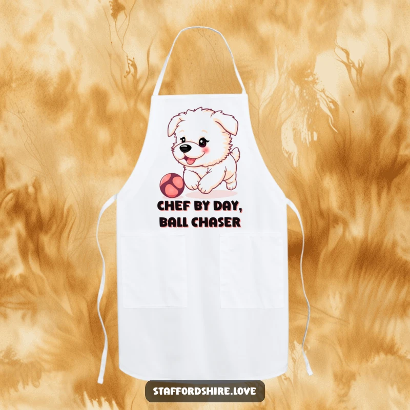 Funny, fluffy Staffordshire puppy with rosy cheeks, playfully chasing a bouncing ball on a practical and humorous kitchen apron.