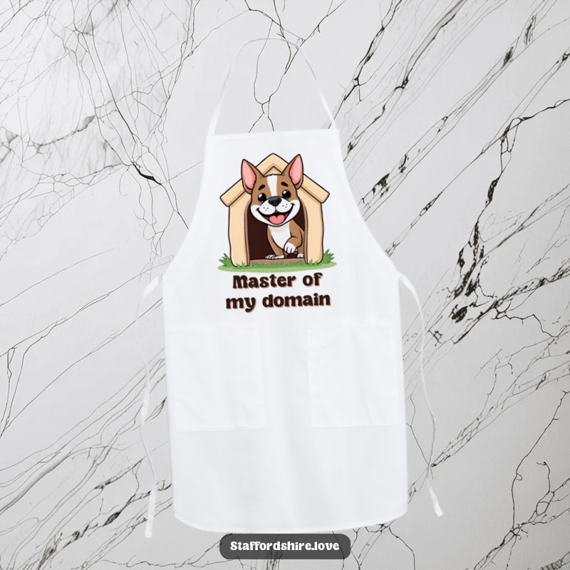 Funny Staffordshire dog apron with a grinning dog head peeking out of a doghouse, bringing playful charm to kitchen activities.