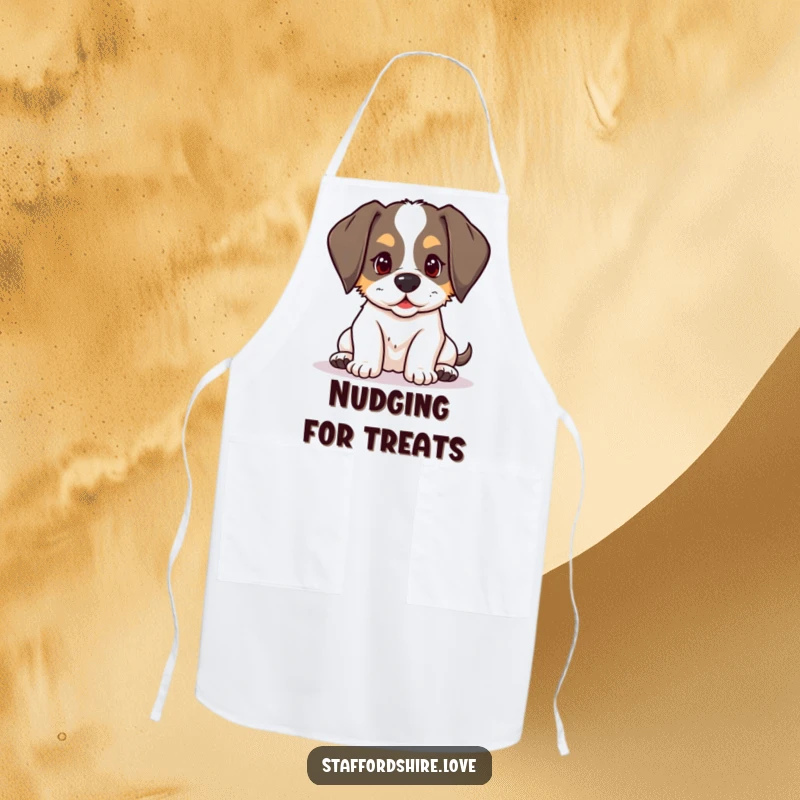 Funny kawaii Staffordshire puppy with floppy ears, playfully nudging on an apron, for humorous and playful cooking.