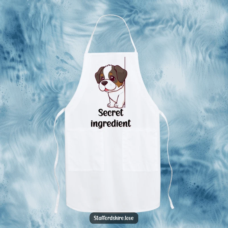 Funny Saint Bernard Apron showing a dog with a mischievous glint, peeking around a corner, ideal for chefs who love humor and dogs.