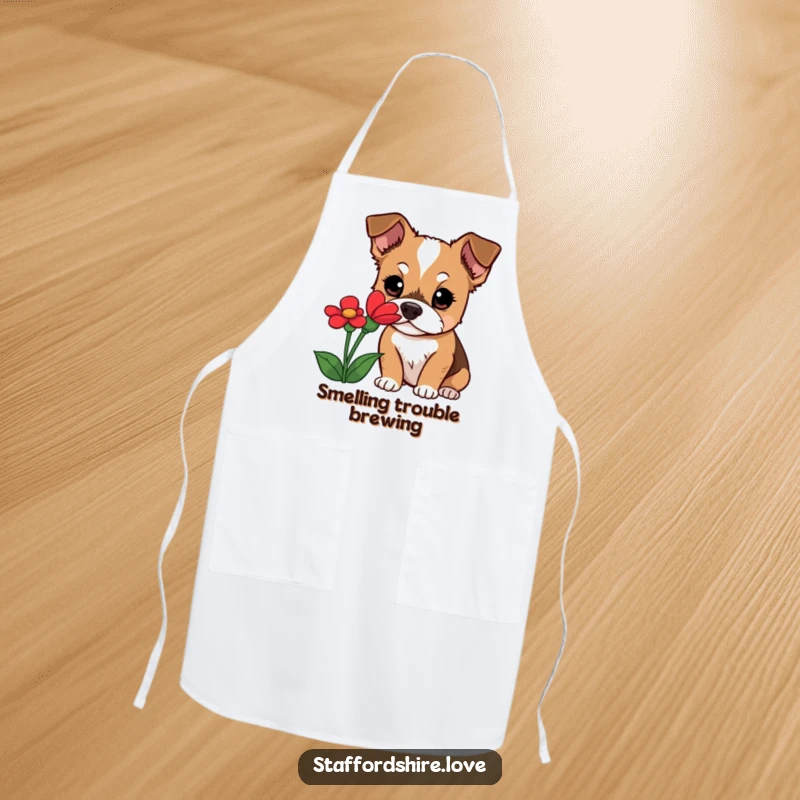 Funny Staffordshire dog apron showing a curious dog with wide eyes sniffing a red flower, bringing garden whimsy to your cooking.