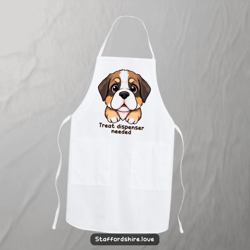 Funny Saint Bernard puppy apron with a puppy's head tilted and large, pleading eyes, designed for kitchen fun and a great gift.