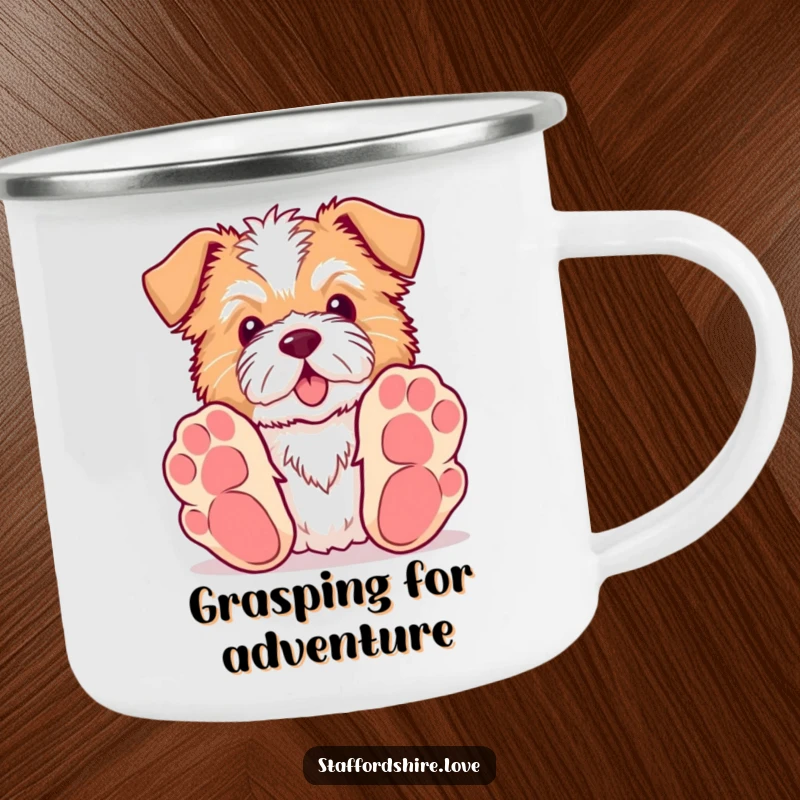 Funny Kawaii Staffordshire camping mug featuring a dog with large paws reaching for a toy, perfect for outdoor fun and humor.