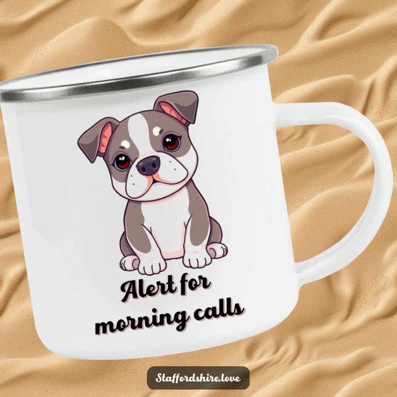 Funny kawaii Staffordshire Bull Terrier camping mug with ears perked up, ideal for humorous outdoor enjoyment.