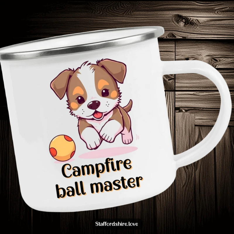 Funny, adorable Staffordshire puppy chasing a bouncy ball on a camping mug. Ideal funny gift for outdoors.