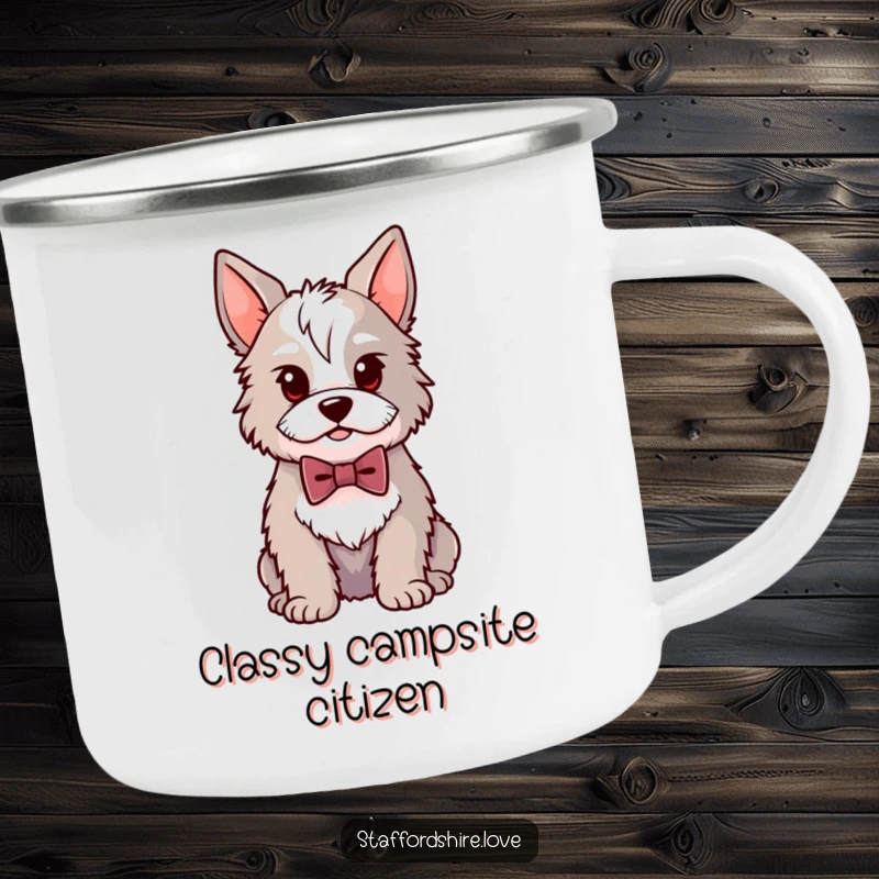 Funny Kawaii Staffordshire camping mug featuring a proud dog in a bowtie, built for adventure and dapper dog humor.