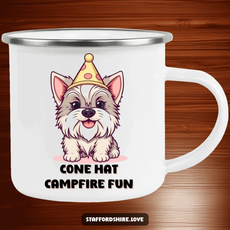 Funny Staffordshire dog with a silly grin wearing a tiny cone hat on a camping mug. Ideal gift.