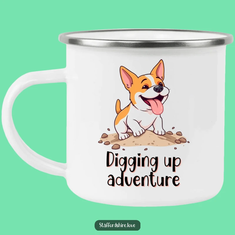 Funny Digging Staffy Camping Mug, Energetic Dog Cup, Humorous Outdoor Gift