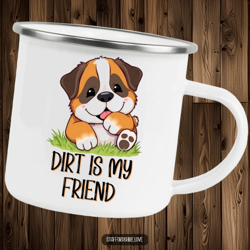 Funny camping mug featuring a happy Saint Bernard dog rolling in soft grass, ideal for enjoying drinks outdoors with a smile.