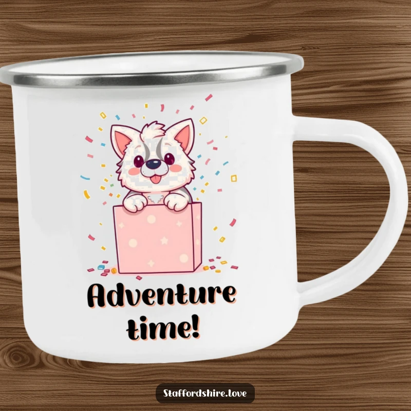 Funny camping mug with a Staffordshire character dramatically bursting from a gift box showered in confetti, for outdoor humor.