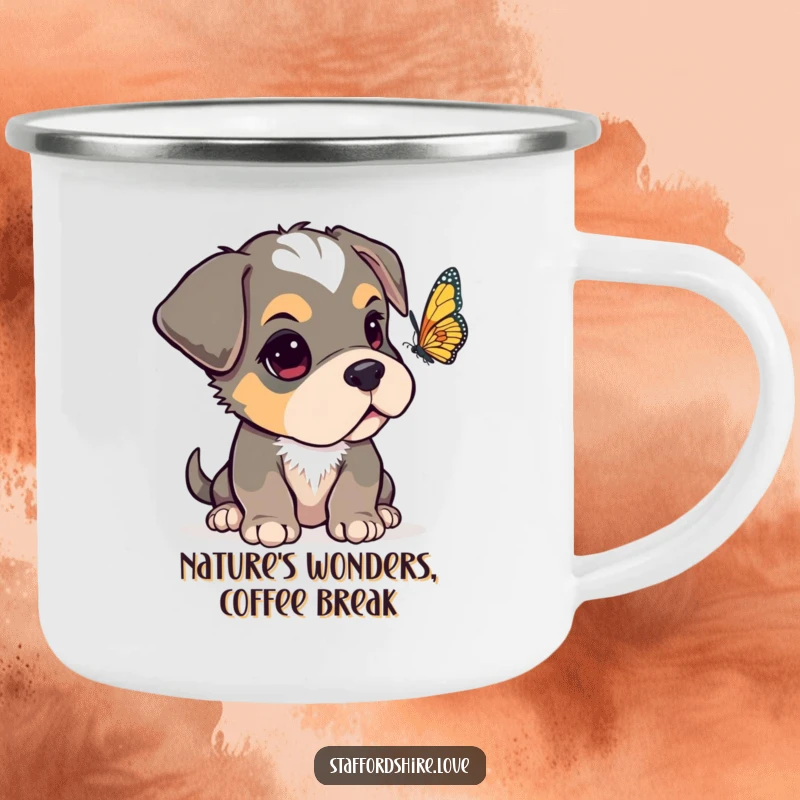 Funny Staffordshire pup with one ear flopped over, looking curiously at a fluttering butterfly on a durable enamel camping mug.