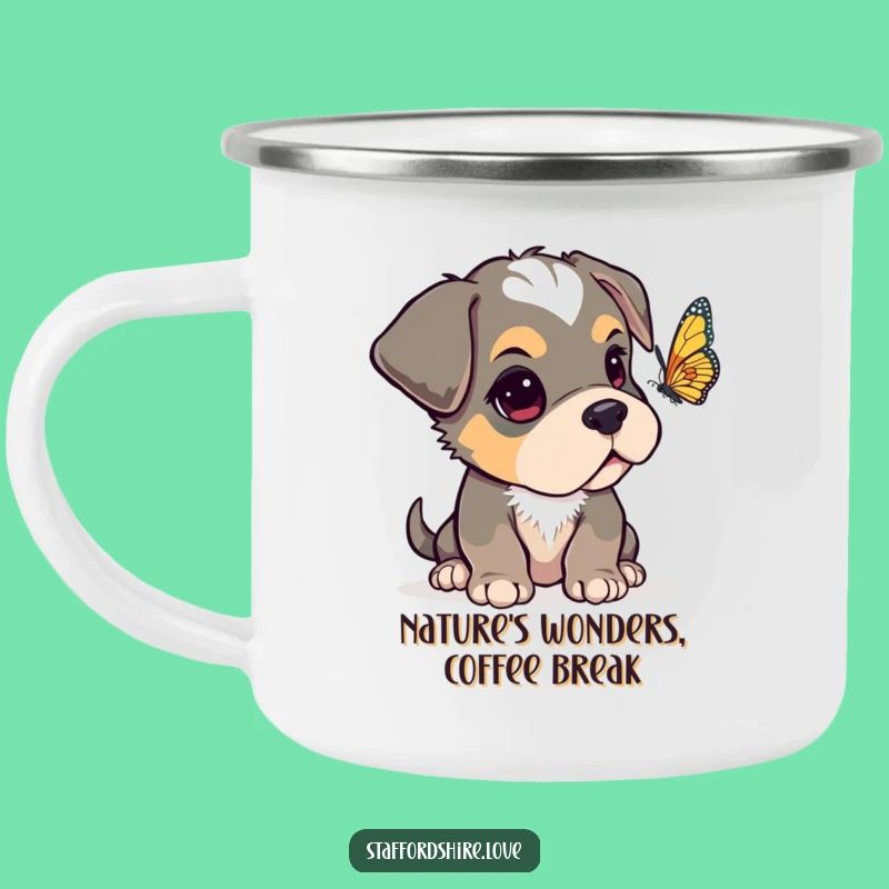 Funny Curious Staffy Camping Mug, Adorable Dog Cup, Whimsical Gift
