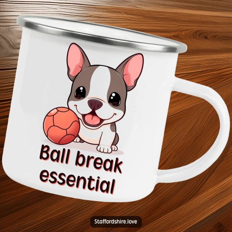 Funny Kawaii Staffordshire Bull Terrier camping mug, enthusiastically offering a slobbery ball, ready for outdoor play.