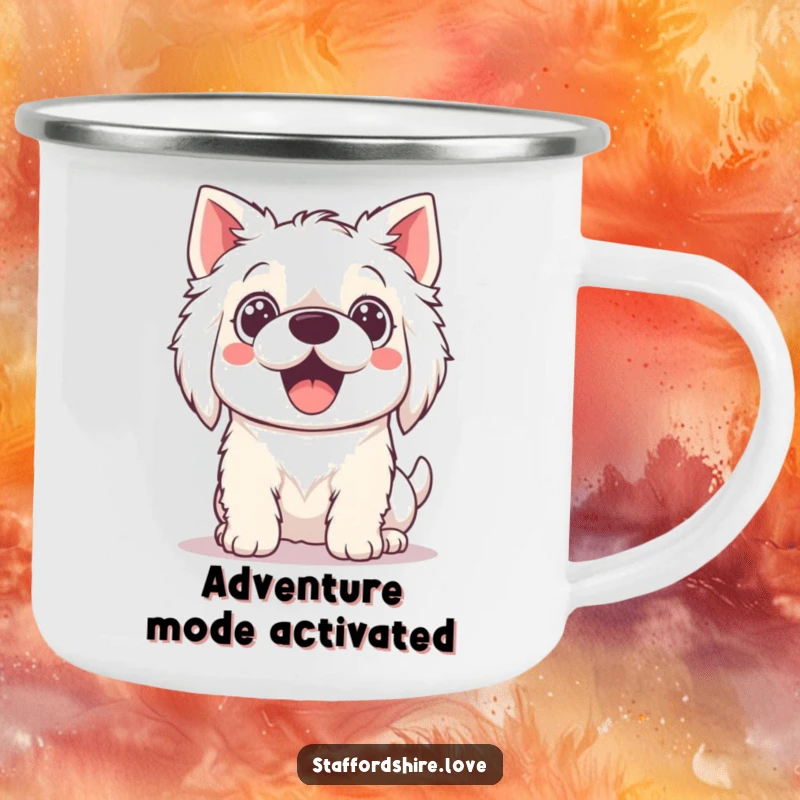 Funny Camping Mug showcasing a Kawaii Staffordshire dog with wide, excited eyes, ready for outdoor fun.