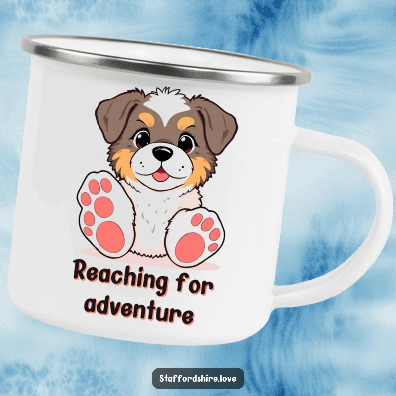 Funny kawaii Staffordshire camping mug, depicting a pup with big paws reaching for a toy, ready for adventures with a playful humor.