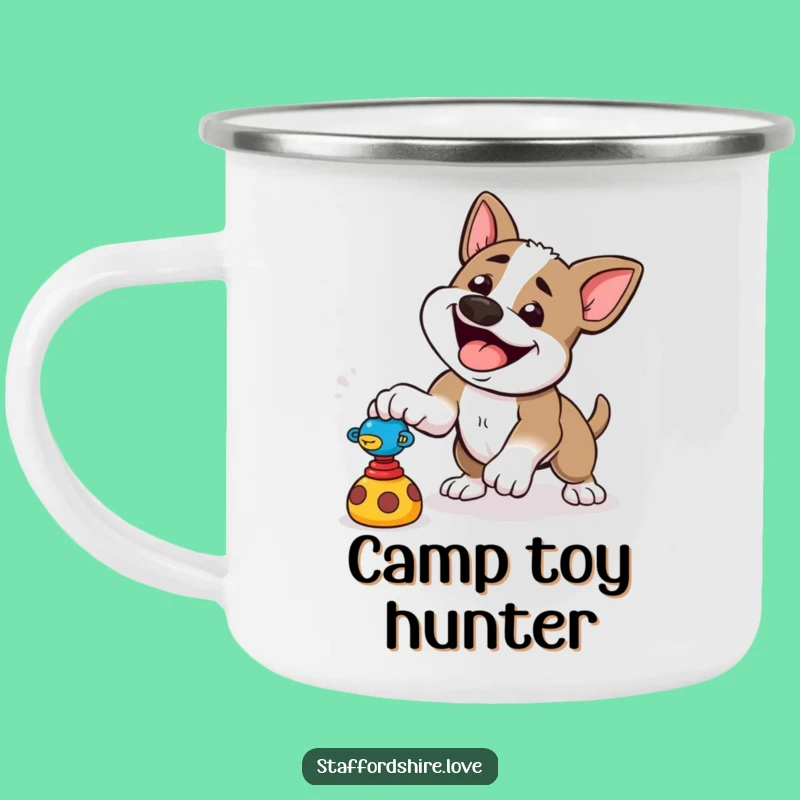 Funny Pounce Staffy Camping Mug: Playful Adventure, Energetic Outdoors, Funny!