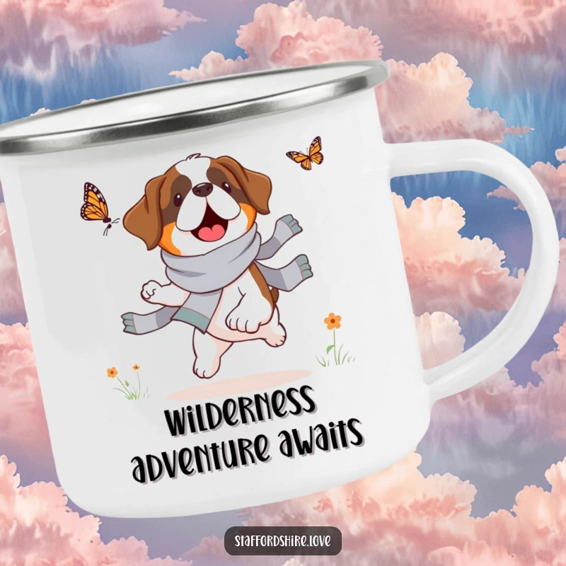 Funny Saint Bernard camping mug, enamel finish, shows a dog in a scarf chasing a butterfly, perfect for hikers.
