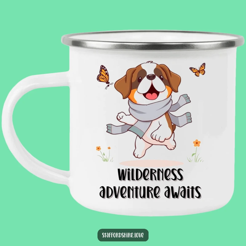 Funny Saint Bernard Butterfly Chase Camping Mug: Adventure-Ready, Hilarious Dog Design