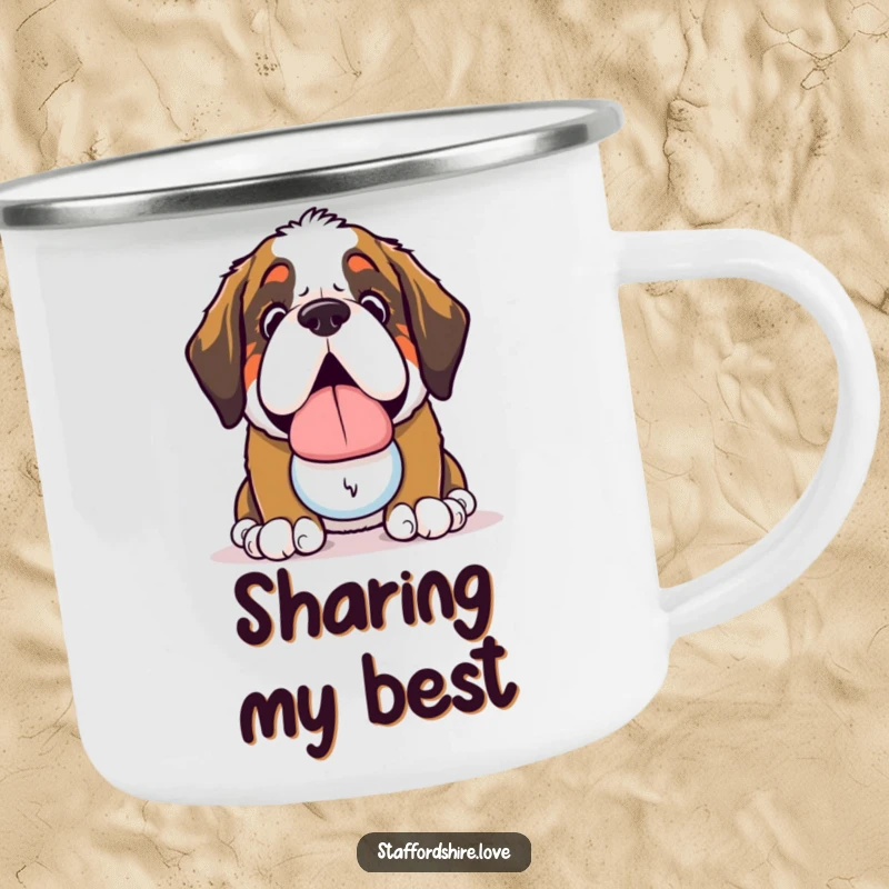 Funny Saint Bernard Camping Mug: Durable enamel mug with a kawaii Saint Bernard dog offering a slobbery toy.