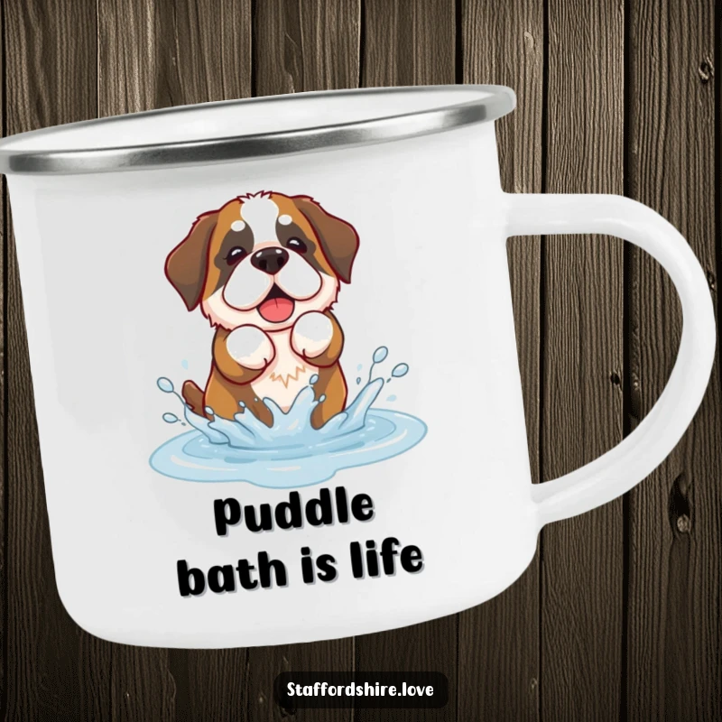 Funny camping mug of a kawaii Saint Bernard dog playfully splashing in a puddle, for outdoor enjoyment.