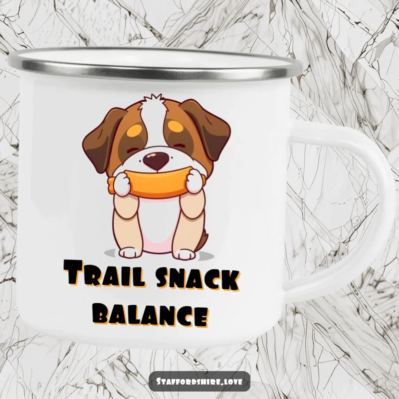 Funny camping mug with a Saint Bernard balancing a squeaky toy on its snout, perfect for outdoor drinks.