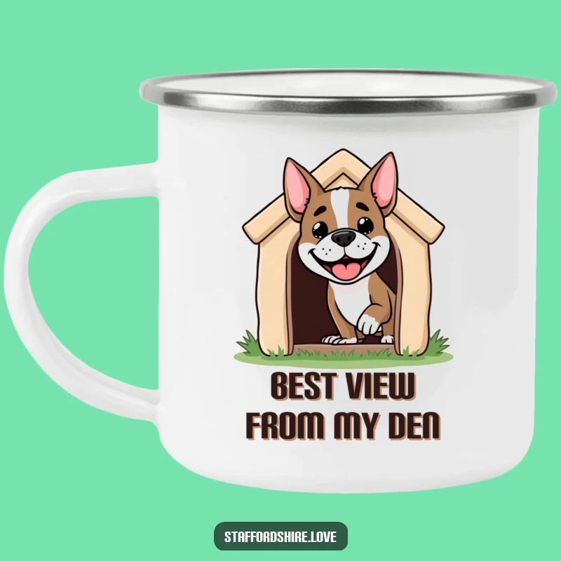Funny Staffordshire Dog Camping Mug: Cheerful Campfire Companion, Great Gift!