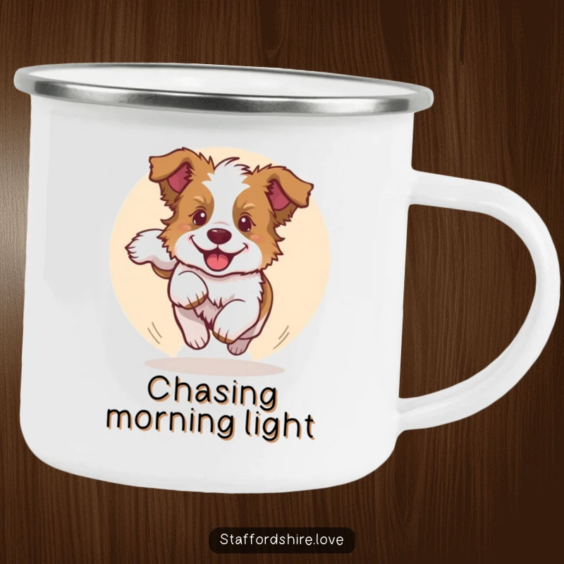 Funny camping mug featuring a Staffy puppy chasing its tail in a circle, perfect for relaxed outdoor moments and humorous enjoyment.