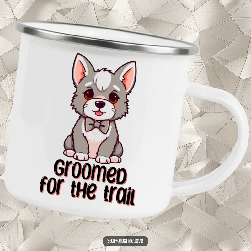 Funny kawaii Staffordshire camping mug, depicting a proud dog in a small bowtie, ready for adventures with a touch of refined humor.