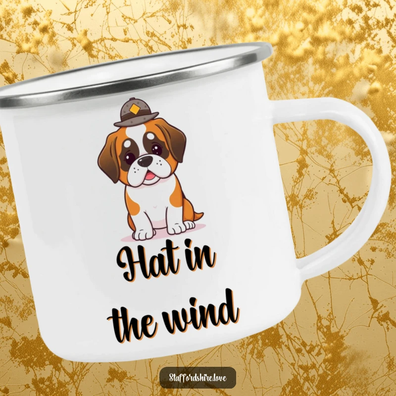 Funny Saint Bernard Camping Mug: Durable enamel mug with a kawaii Saint Bernard dog balancing a hat.