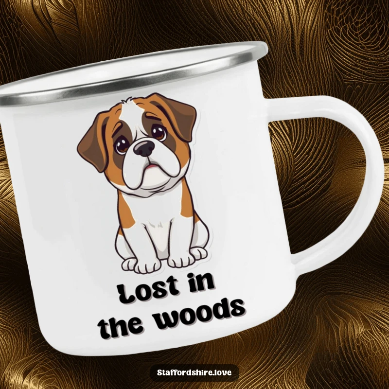 Funny Kawaii Saint Bernard camping mug with a confused dog design, durable for adventures and a great funny gift.
