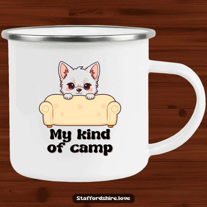 Funny Kawaii Staffordshire Camping Mug, featuring a cute Staffy peeking over a couch, perfect for outdoor adventures and coffee.