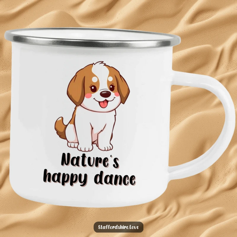 Funny Saint Bernard Camping Mug featuring a dog with a fluffy tail swaying enthusiastically, designed for outdoor adventures and bringing energy.