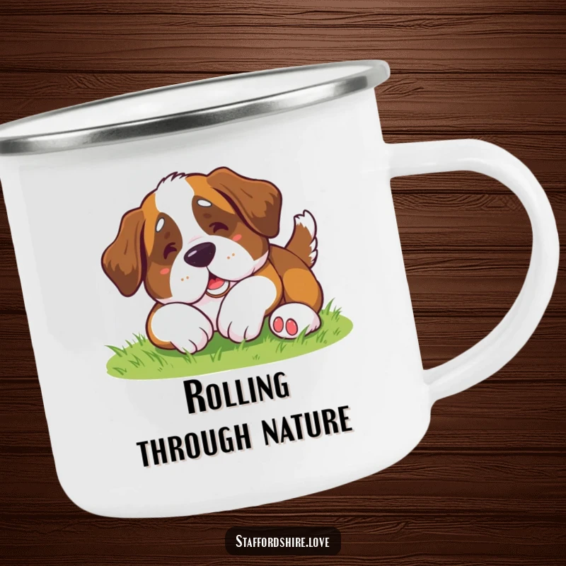 Funny Saint Bernard Camping Mug: Durable enamel mug with a kawaii Saint Bernard dog in a funny roll.